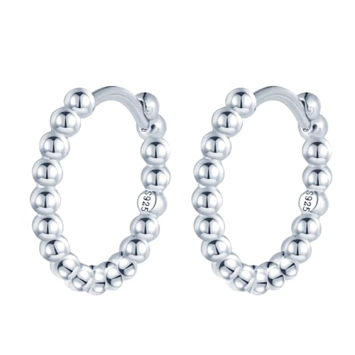 Klein Kugel Perlen Ohrringe Silber 925 Creolen: 12mm Damen Mädchen Ohrringe - Hypoallergen Knorpel Piercing Huggie Ohrring für Mama Freundin Schwester Frau Tochter - Mode Ohrschmuck für Partei Silber von MOOFUN