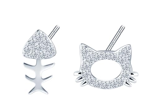MOOFUN Asymmetrie Tiere Ohrstecker Silber Damen Katzen und Fischgräten Ohrringe Stecker 925 Silber Ohrring Ohrschmuck für Mama Freundin Teenager Mädchen Schwester Frauen Geschenk Geburtstagsgeschenk von MOOFUN