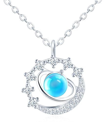 MOOFUN Mondstein Planeten Halskette Zirkon Mond Damen Kette 925 Sterling Silber Rund Anhänger Halsketten für Mama Freundin Mädchen Schwester Frau Modeschmuck Frauen Geschenk Geburtstagsgeschenk von MOOFUN