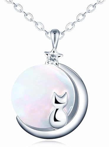 MOOFUN Perlmutt Halskette Tiere Katze Mond Damen Kette 925 Sterling Silber Stern Zirkon Anhänger Halsketten für Mama Beste Freundin Mädchen Schwester Modeschmuck Frauen Geschenk Geburtstagsgeschenk von MOOFUN