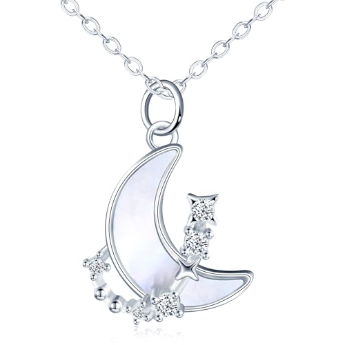 MOOFUN Perlmutt Mond Halskette Zirkon Stern Damen Kette 925 Sterling Silber Anhänger Halsketten für Mama Freundin Mädchen Schwester Frau Modeschmuck Ketten Frauen Geschenk Geburtstagsgeschenk von MOOFUN