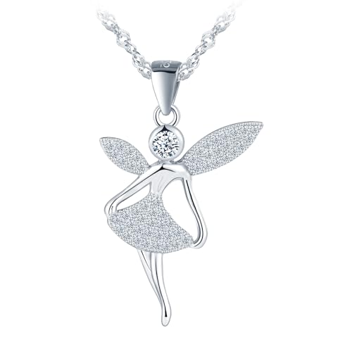 Engel Anhänger Kette Halskette Mädchen Damen Silber 925 mit Zirkon Schön Elegant Fee Kette für Tochter Freundin Frau Mama Tänzerin Frauen Schmuck Geburtstage Valentinstag Muttertag Geschenk Silber von MOOFUN