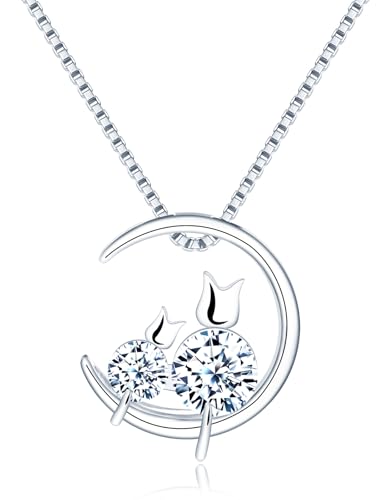 MOOFUN Zirkonia Katze Mond Bewundern Halskette Damen Mädchen Silber 925: Cute Romantisch Paar Tier Thematic Anhänger Kette für Mama Frau Freundin Tochter - Modeschmuck für Geburtstag Partei Reisen von MOOFUN