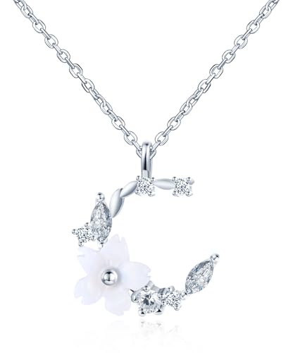 MOOFUN Zirkonia Mond Perlmutt Blume Halskette Damen Mädchen Silber 925: Funkelnd Ästhetik Anhänger Kette für Mama Frau Freundin Tochter Schwester - Modeschmuck für Geburtstag Verlobung Partei Reisen von MOOFUN