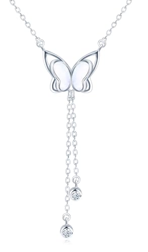 Perlmutt Schmetterling Halskette Damen Silber 925 mit Quasten Zirkon Anhänger:Y-Kette Tier Lang Halsketten für Mama Frau Freundin Schwester-Modeschmuck Frauen Geschenk für Geburtstag Jahrestag Partei von MOOFUN