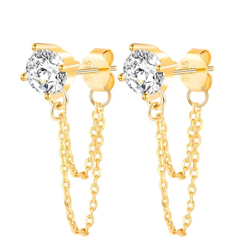 Zirkonia Ohrstecker Silber 925 mit Doppel Quaste Kette Baumeln: Damen Teenager Mädchen Ohrringe Stecker Hängend Ohrringe Hypoallergen Ohrschmuck - Elegant Schmuck für Partei Hochzeit Urlaub Gold von MOOFUN