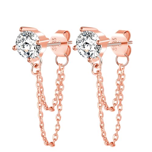 Zirkonia Ohrstecker Silber 925 mit Doppel Quaste Kette Baumeln: Damen Teenager Mädchen Ohrringe Stecker Hängend Ohrringe Hypoallergen Ohrschmuck - Elegant Schmuck für Partei Hochzeit Urlaub Rosegold von MOOFUN