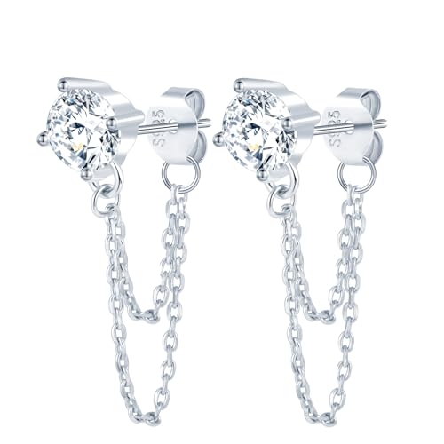 Zirkonia Ohrstecker Silber 925 mit Doppel Quaste Kette Baumeln: Damen Teenager Mädchen Ohrringe Stecker Hängend Ohrringe Hypoallergen Ohrschmuck - Elegant Schmuck für Partei Hochzeit Urlaub Silber von MOOFUN