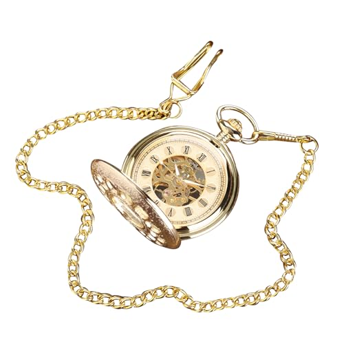 MOOKEENONE 47MM Taschenuhr Retro Handaufzug Mechanische Taschenuhr mit Fob Kette Männer Frauen Hohl Blütenblatt Zifferblatt, gold von MOOKEENONE