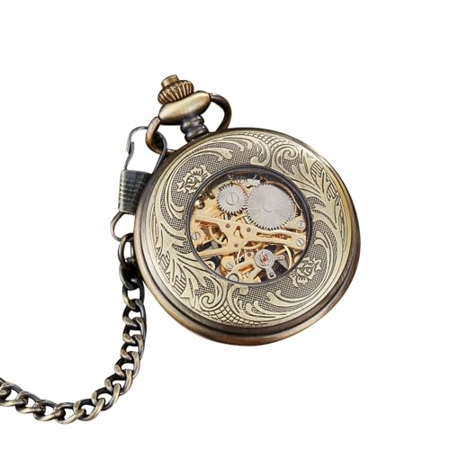 MOOKEENONE 47MM Taschenuhr Retro Handaufzug Mechanische Taschenuhr mit Fob Kette Männer Frauen Hohl Blütenblatt Zifferblatt Taschenuhr, bronze von MOOKEENONE