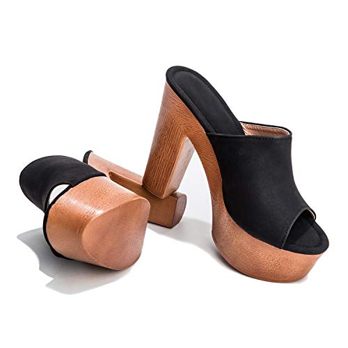 Damen Plateau Pantoletten mit Kork Blockabsatz Sandalen Peep Toe Schuhe Keilsandalen Sandalette Sommerschuh Hausschuhe Absatzschuhe 11CM 37 Schwarz von MOOMMO