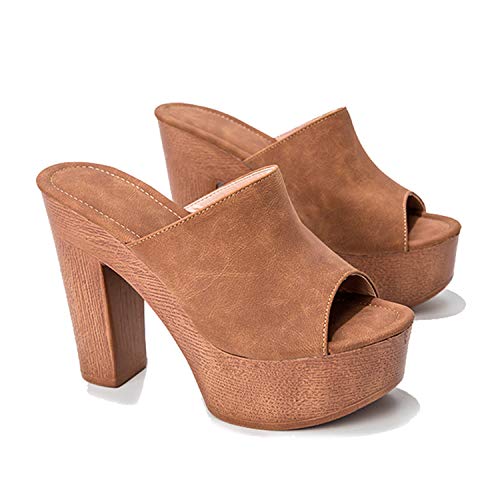 Damen Plateau Pantoletten mit Kork Blockabsatz Sandalen Peep Toe Schuhe Keilsandalen Sandalette Sommerschuh Hausschuhe Absatzschuhe 11CM 38 Braun von MOOMMO