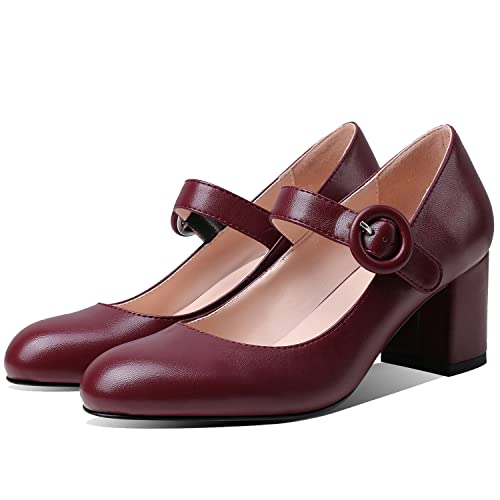 MOOMMO Damen Blockabsatz Mary Jane Pumps Burgundy Rund Ankle Strap Sandaletten Absatz Geschlossene Bequeme Chunky Heel Knöchelriemchen Schuhe Frauen Arbeit Abendschuhe Elegant Glattleder Burgundy 37 von MOOMMO