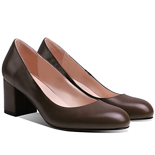 MOOMMO Damen Blockabsatz Pumps Braun Rund Slip On Damenschuhe Absatz Geschlossene Klassische Chunky Heels Abendschuhe Frauen Büro Arbeitsschuhe Bequeme Brautschuhe Elegant Glattleder Braun 44 von MOOMMO