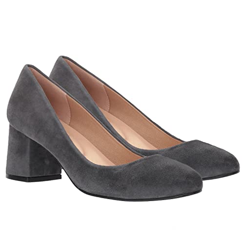 MOOMMO Damen Blockabsatz Pumps Grau Rund Slip On Damenschuhe Absatz Geschlossene Klassische Chunky Heels Abendschuhe Frauen Büro Arbeitsschuhe Bequeme Brautschuhe Elegant Wildleder Grau 37 von MOOMMO