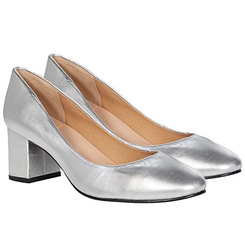 MOOMMO Damen Blockabsatz Pumps Silber Rund Slip On Damenschuhe Absatz Geschlossene Klassische Chunky Heels Abendschuhe Frauen Büro Arbeitsschuhe Bequeme Brautschuhe Elegant Glattleder Silber 37 von MOOMMO