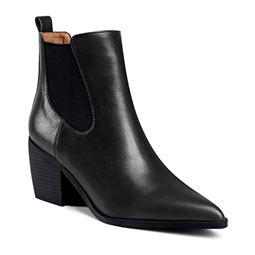 MOOMMO Damen Blockabsatz Stiefeletten Spitze Bequeme Glattleder Pointed Toe Western Chelsea Ankle Boots Stacked Heel Cowboy Elastisch Schwarz 39 EU von MOOMMO