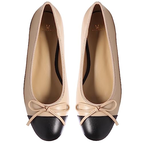 MOOMMO Damen Bow Ballerina Flats Geschlossene Runder Schlüpfen Flache Schuhe Zweifarbig Bequeme 1 cm Flacher Absatz Ballerinas Glattleder Quilten Cap Toe Flats leichtem Büro Größe Beige 35 von MOOMMO