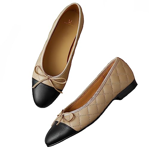 MOOMMO Damen Bow Ballerina Flats Geschlossene Runder Schlüpfen Flache Schuhe Zweifarbig Bequeme 1 cm Flacher Absatz Ballerinas Glattleder Quilten Cap Toe Flats leichtem Büro Größe Quilten Beige 36 von MOOMMO