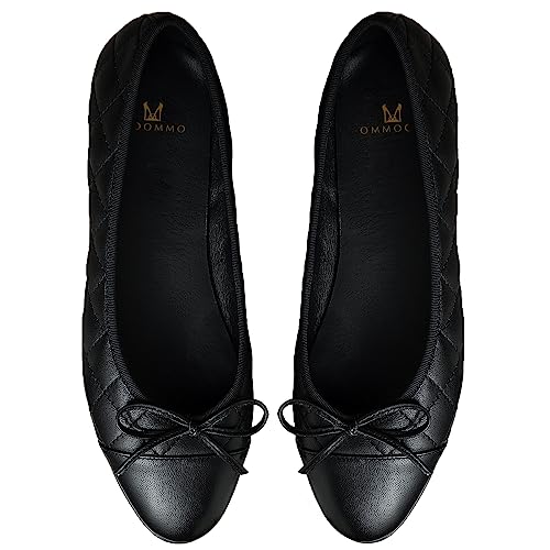 MOOMMO Damen Bow Ballerina Flats Geschlossene Runder Schlüpfen Flache Schuhe Zweifarbig Bequeme 1 cm Flacher Absatz Ballerinas Glattleder Quilten Cap Toe Flats leichtem Büro Größe Quilten Schwarz 44 von MOOMMO