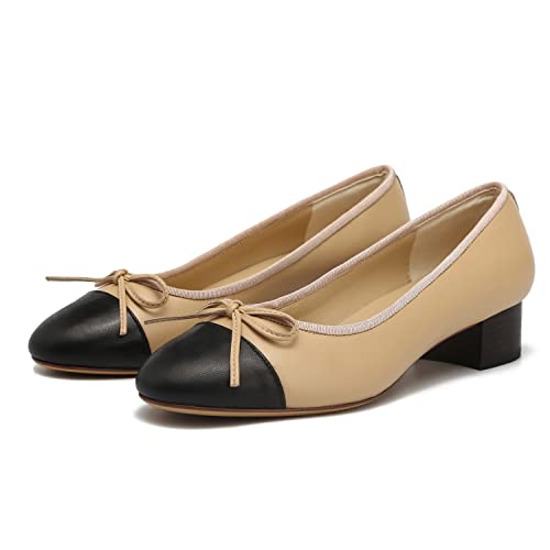 MOOMMO Damen Bow Ballerina Flats Geschlossene Runder Schlüpfen Flache Schuhe Zweifarbig Bequeme 3 cm Flacher Absatz Ballerinas Glattleder Quilten Cap Toe Flats leichtem Büro Größe Beige 41 von MOOMMO