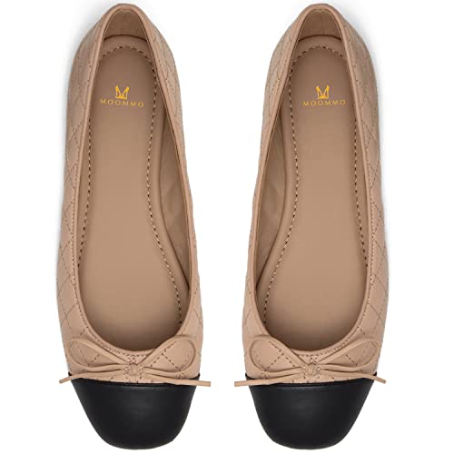 MOOMMO Damen Bow Ballerina Flats Schlüpfen Geschlossene Rund Flache Schuhe Quilten Zweifarbig Glattleder Frauen Cap Toe Flats Klassische Bequeme Freizeitschuhe mit flachem Absatz Frühling Beige 37 von MOOMMO