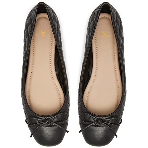 MOOMMO Damen Bow Ballerina Flats Schlüpfen Geschlossene Rund Flache Schuhe Quilten Zweifarbig Glattleder Frauen Cap Toe Flats Klassische Bequeme Freizeitschuhe mit flachem Absatz Frühling Schwarz 42 von MOOMMO