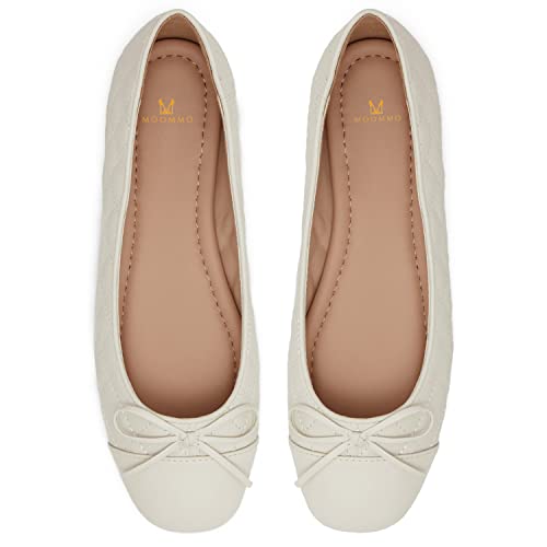 MOOMMO Damen Bow Ballerina Flats Schlüpfen Geschlossene Rund Flache Schuhe Quilten Zweifarbig Glattleder Frauen Cap Toe Flats Klassische Bequeme Freizeitschuhe mit flachem Absatz Frühling Weiß 37 von MOOMMO