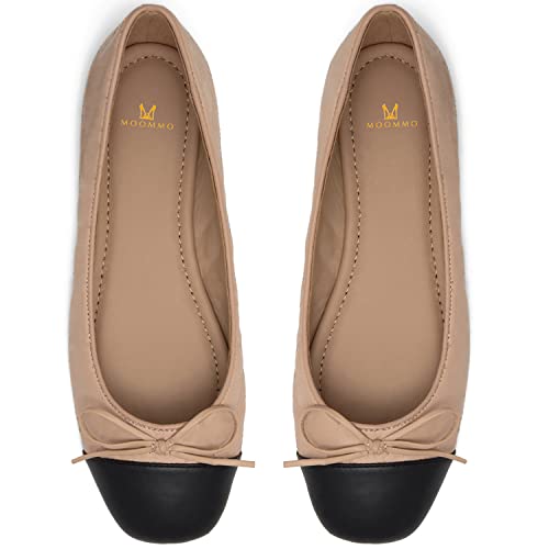 MOOMMO Damen Bow Ballerina Flats Schlüpfen Geschlossene Rund Flache Schuhe Zweifarbig Glattleder Frauen Cap Toe Flats Klassische Bequeme Freizeitschuhe mit flachem Absatz Frühling Beige 37 von MOOMMO