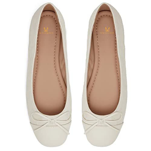 MOOMMO Damen Bow Ballerina Flats Schlüpfen Geschlossene Rund Flache Schuhe Zweifarbig Glattleder Frauen Cap Toe Flats Klassische Bequeme Freizeitschuhe mit flachem Absatz Frühling Weiß 40 von MOOMMO