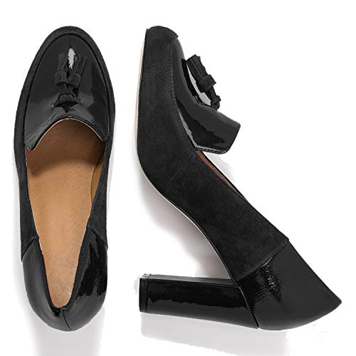 MOOMMO Damen Hoch Blockabsatz Pumps Rund Geschlossene Mit Fransen 9CM High Heel Bequeme Halbschuhe Damenschuhe Wildleder und Lackleder Kontrastnaht Patchwork Schwarz EU 38 von MOOMMO