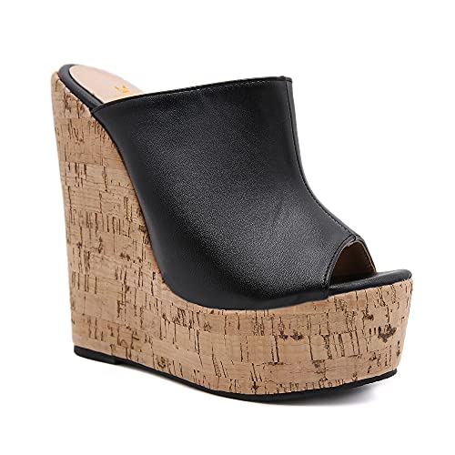 MOOMMO Damen Kork Wedges Plateau Slip On Sandalen Runde Offene Spitze Pantoletten Peep Toe Sexy Komfort Freizeit Super High Heels Hausschuhe Schwarz1 Größe 36 von MOOMMO