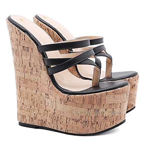 MOOMMO Damen Kork Wedges Plateau Slip On Sandalen Runde Offene Spitze Pantoletten Peep Toe Sexy Komfort Freizeit Super High Heels Hausschuhe Schwarz3 Größe 41 von MOOMMO