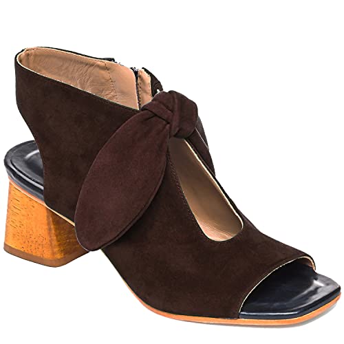 MOOMMO Damen Sandalen mit Absatz mit Schleife Peep Toe Chunky Block Low Heel Sandalen Booties Ausschnitt 5,1 cm Absatz Rückenfrei Slingback Kleid Schuhe Offener Zehen Reißverschluss Wildleder Sandalen Elegant Sommer Casual Strand 4-11 M US, Braun, Wildleder, 40 EU von MOOMMO