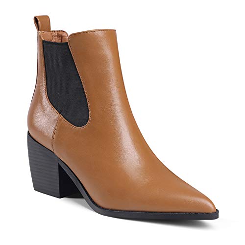 MOOMMO Damen Western Blockabsatz Stiefeletten Spitze Bequeme Glattleder Chelsea Ankle Boots Pointed Toe Stacked Heel Cowboy Elastisch Braun 37 EU von MOOMMO