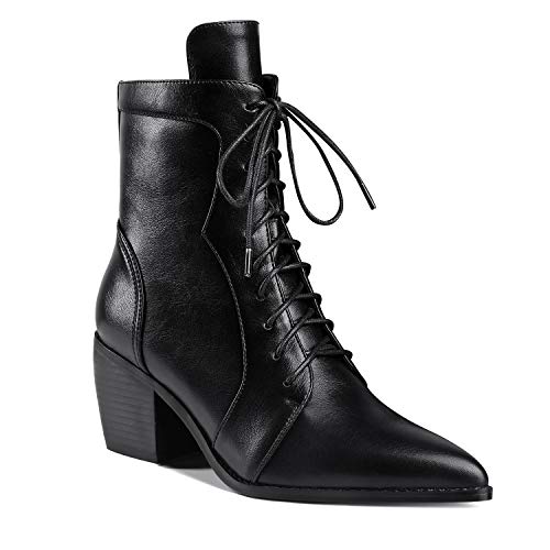 MOOMMO Damen Western Blockabsatz Stiefeletten mit Schnürung Spitze Bequeme Glattleder Chelsea Ankle Boots Pointed Toe Stacked Heel Cowboy Schwarz 39 EU von MOOMMO