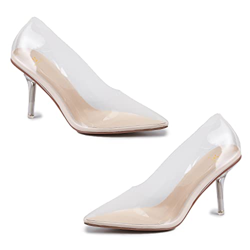 MOOMMO Frauen Clear Stiletto Pumps Geschlossene Spitze Slip On Transparent Stiletto High Heels 7,6 cm Sexy PVC Kleid Absätze Schuhe Sandalen Komfort Mode Party Hochzeit Sommer 4-9 M US, Klare Nude Rand, 40.5 EU von MOOMMO
