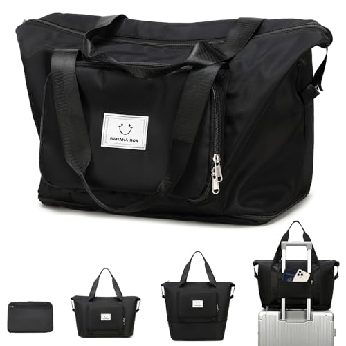 MOONBABY Sporttasche für Frauen, Duffle-Tragetaschen, erweiterbare Workout-Tasche für Reisen, Sport, Schwimmen, Tanzen, Outdoor, Schwarz, Einheitsgröße von MOONBABY