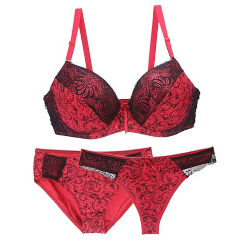 MOONBADI BH Damen mit bügel 3 Teilige Rot Damen BH Set Spitze BH Und String Push Up Bügel BH Abnehmbare Träger Unterwäsche Lingerie Tanga BH Sets Balconette BH Push up 90C von MOONBADI