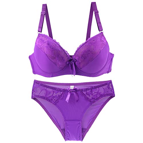 MOONBADI BH Damen mit bügel Lila Damen Set BH mit Bügel Push Up Spitze Gepolstert BH und Tanga Thong Tiefer Ausschnitt Rückenfrei Lingerie Unterwäsche Maximizer Push up BH 90D von MOONBADI