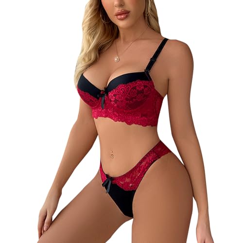 MOONBADI BH Damen mit bügel Rot Damen BH Spitzen Bügel Lingerie Set BH und Höschens Set Unterwäsche Set V Ausschnitt BH Pushup BH Damen 80B von MOONBADI