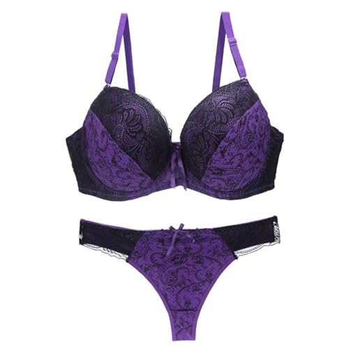 MOONBADI BH Lila Damen BH Spitzen Bügel Lingerie Set BH und Höschens Set Unterwäsche Set V-Ausschnitt BH BH Damen Push up 80D von MOONBADI