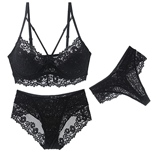 MOONBADI BH Push up BH Set Damen Schwarz(3pcs) Damen Minimizer BH Vollschalen mit Spitze BH Bügel Push-Up BH Push up BH extrem 75B von MOONBADI