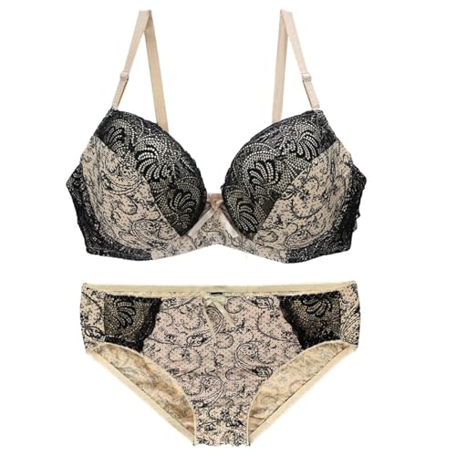 MOONBADI BH Push up Beige Damen Balconette BH und Slip Set Spitze Unterwäsche Bügel BH ungerpolstert Spitze Panty Lingerie BH Set BH Damen Push up 85E von MOONBADI