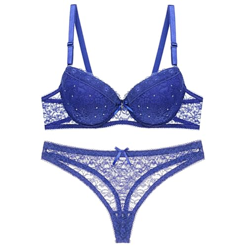 MOONBADI BH Push up Blau Damen Set BH mit Bügel Push Up Spitze Gepolstert BH und Tanga Thong Tiefer Ausschnitt Rückenfrei Lingerie Unterwäsche BH für große Brust 95D von MOONBADI