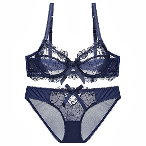 MOONBADI BH Push up Blau Damen Spitze BH - Bügel BH Set mit geformte Cups Große Größen BH Klassischer Lingerie dursichtige unterwäsche 85C von MOONBADI