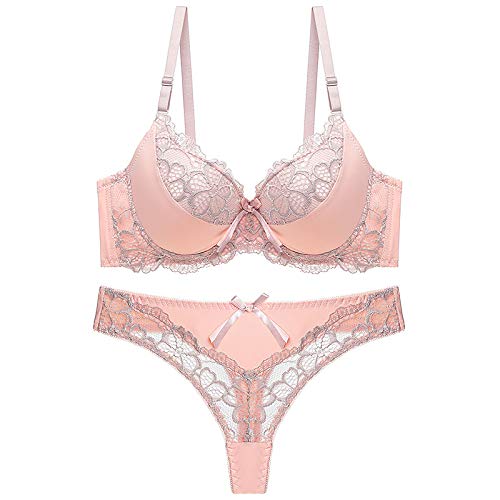 MOONBADI BH Push up Rosa Damen Bügel Spitze BH Tiefer V Ausschnitt Spitze Negligee Nachtwäsche Nachthemd Lingerie G String Push up BH und Slip Tshirt BH 85B von MOONBADI