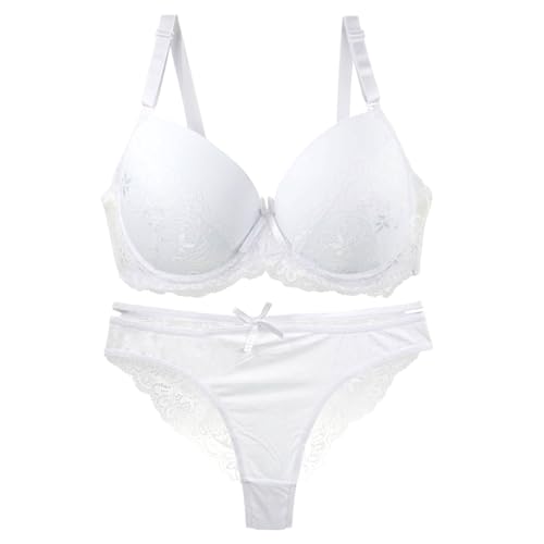 MOONBADI BH Push up Weiß Damen BH Set Spitze Push Up Bügel BH Unterwäsche Lingerie Tanga BH Sets BH für große Brust 75E von MOONBADI