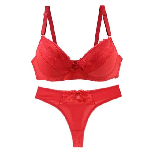 MOONBADI BH Rot Damen Balconette BH und Slip Set Spitze Unterwäsche Bügel BH ungerpolstert Spitze Panty Lingerie BH Set t-Shirt BH 95B von MOONBADI