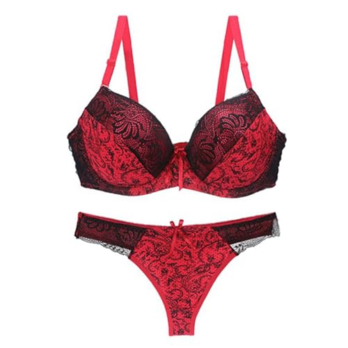 MOONBADI BH Rot Damen Push Up BH Set mit Blumen Spitze Schalen Bügel BH Gepolstert Elegant Damen BH Push up 75C von MOONBADI